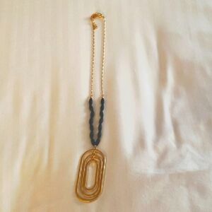 Alexis Bendel Goldtone Necklace with Black Beads & Hammered Triple Oval Pendant